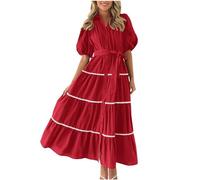 Zeiayuas Women Shirts Dress Button V Neck Half Sleeve Sundress Ladies Casual Summer Boho Maxi Dress Sexy Elegant Swing Dresses Smocked Beach Office Dress Vintage Evening Party Dress with Belted Red