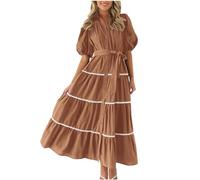 Zeiayuas Women Shirts Dress Button V Neck Half Sleeve Sundress Ladies Casual Summer Boho Maxi Dress Sexy Elegant Swing Dresses Smocked Beach Office Dress Vintage Evening Party Dress with Belted Brown
