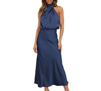 Zeiayuas Women Sleeveless Mock Neck Cocktail Dresses Keyhole Elastic Waist Party Wedding Guest Satin High Split Maxi Dress Elegant Halter Neck Bridesmaid Evening Long Dresses