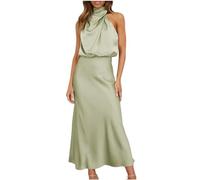 Zeiayuas Women Sleeveless Mock Neck Cocktail Dresses Keyhole Elastic Waist Party Wedding Guest Satin High Split Maxi Dress Elegant Halter Neck Bridesmaid Evening Long Dresses