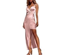 Zeiayuas Women Sleeveless V Neck Cocktail Dresses Party Wedding Guest Satin High Split Maxi Dress Elegant Backless Bridesmaid Evening Long Dresses Pink