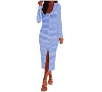 Zeiayuas Women Striped Casual Dress Button Down Long Sleeve Midi Dresses Round Neck A-Line Long Dresses Boho Holiday Beach Dress Casual Loose Floaty Dresses Dark Blue