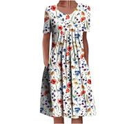Zeiayuas Women Summer Beach Dress Boho Casual Front Pleated Dresses UK Sale Clearance Floral Printed Loose Pockets Holiday Sundress Ladies Elegant Short Sleeve Midi Dresses Flower Swing Dress White