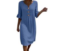 Zeiayuas Women Summer Midi Dresses UK Casual Loose Sundress V-Neck Button Solid Color Half Sleeve Ruffle Dress Beach Holiday Knee Length Dress Flowy Party Dresses Navy