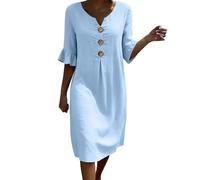 Zeiayuas Women Summer Midi Dresses UK Casual Loose Sundress V-Neck Button Solid Color Half Sleeve Ruffle Dress Beach Holiday Knee Length Dress Flowy Party Dresses Light Blue
