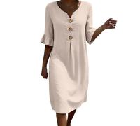 Zeiayuas Women Summer Midi Dresses UK Casual Loose Sundress V-Neck Button Solid Color Half Sleeve Ruffle Dress Beach Holiday Knee Length Dress Flowy Party Dresses Beige