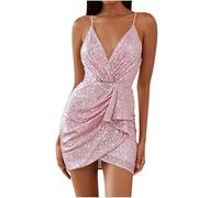Zeiayuas Women V Neck Mini Dress Sparkly Sequin Short Dress Y2k Sleeveless Bodycon Club Dress Glitter Evening Dress Disco Club Prom Ball Gowns Clubwear for Ladies UK Pink