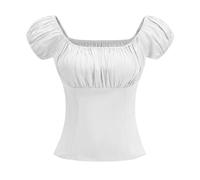 Zeiayuas Women's 1950s Vintage Pinup Tops Back Elastic Waist Cute Rockabilly Off Shoulder Shirt Short Sleeves Blouse Renaissance Costume Elegant Vintage Short Sleeve Rockabilly Tops White