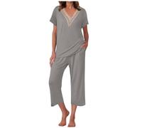 Zeiayuas Women's 2 Piece Boho Short Sleeve V Neck Loose Fit Summer Tops with Wide Leg Cropped Pants Set Comfy Pajama Sets Nightwear Lounge Wear Sets Ladies Two Piece Outfit Co Ord Sets
