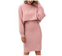 Zeiayuas Women's 2 Piece Tracksuit Winter Long Sleeve Turtleneck Ribbed Top and Midi Skirt Dress Sets Jumper Dress Solid Color Outfits Spring Autumn Knitted Set Ladies Co Ord Sets