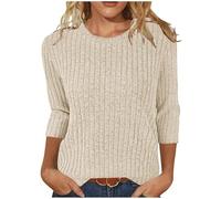 Zeiayuas Womens 3/4 Sleeve Tops Ribbed Knit Shirts Sweater Round Neck Sweatshirt Ladies Lightweight Jumpers Solid Color Casual Loose Tunic Tops Beige