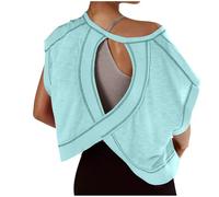 Zeiayuas Womens Backless Workout Crop Tops Thin Cutout Open Back Sports T-Shirts Exercise Short Sleeve Blouse Casual Loose Running Tee Top Athletic Gym Yoga Shirt Activewear Light Blue