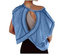 Zeiayuas Womens Backless Workout Crop Tops Thin Cutout Open Back Sports T-Shirts Exercise Short Sleeve Blouse Casual Loose Running Tee Top Athletic Gym Yoga Shirt Activewear Blue