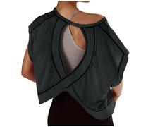 Zeiayuas Womens Backless Workout Crop Tops Thin Cutout Open Back Sports T-Shirts Exercise Short Sleeve Blouse Casual Loose Running Tee Top Athletic Gym Yoga Shirt Activewear Black