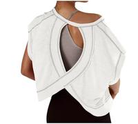 Zeiayuas Womens Backless Workout Crop Tops Thin Cutout Open Back Sports T-Shirts Exercise Short Sleeve Blouse Casual Loose Running Tee Top Athletic Gym Yoga Shirt Activewear White