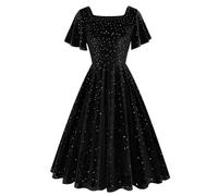 Zeiayuas Women's Black Maxi Dress M - Medieval, Evening, Wedding, Christmas - Velvet, Sequin, Square Neck, Long Sleeve, High Waist, A-Line