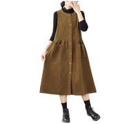 Zeiayuas Women's Button Corduroy Pinafore Dress Overall Dress with Pockets Fall Winter Casual Corduroy Tank Dress Sleeveless Loose Mid Length Long A-Line Dress Khaki