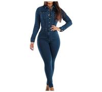 Zeiayuas Women's Button Front Dark Wash Sustainable Stretch Denim Straight Leg Jumpsuit Fashion Pockets Playsuits Denim Daily High Waisted Long Sleeve Romper