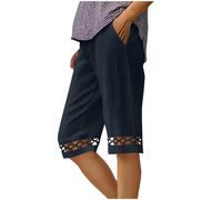 Zeiayuas Womens Capri Trousers Linen Three Quarter Soft 3/4 Cropped Pants UK Ladies Stretch Pull on Trousers Elasticated Waist Plus Size Summer Shorts with Pockets Navy