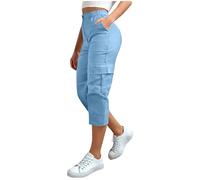 Zeiayuas Womens Cargo Trousers, Elasticated Waist 3/4 Length Cargo Trousers Cotton Stretch Cropped Pants Ladies Jogging Pants Pull on Trouser Work Bottoms Plus Size Summer Shorts with Pockets