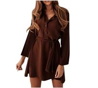 Zeiayuas Women's Casual Summer Button Down Shirt Dress Collared V Neck Long Sleeve Belted Dresses Elegant Formal Work Chiffon Dress Brown