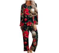 Zeiayuas Womens Christmas Pyjamas Set Festive Warm PJs Long Sleeve Tops and Wide Leg Pants Pyjama Set Santa Claus Christmas Tree Printed Loungewear 2 Piece Sleepwear Nightwear for Ladies Xmas Gift