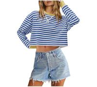 Zeiayuas Womens Cropped Oversized Sweatshirts Striped Crewneck Long Sleeve Pullover Crop Tops 2024 Fall Teen Girls Preppy Clothes Loose Casual Round Neck Striped Short Top Y2k Streetwear Blue