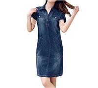 Zeiayuas Womens Denim Dresses Clearance Summer Casual V Neck Midi Dress Plus Size Short Sleeve A-Line Dress Beach Sundress Loose Shirts Dresses Ladies Trendy Tunic Dresses with Pocket Dark Blue