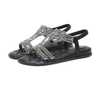 Zeiayuas Women's Diamond Sandals Elastic Slingback Sandals Ladies Gladiator Bohemian Rhinestone Roman Sandal Sparkling Beach Holiday Retro Flats Outdoor T-bar Sandal Summer Open Toe Shoes