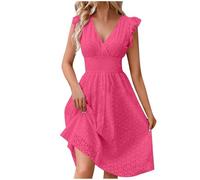 Zeiayuas Womens Dresses Ruffle Sleeveless V Neck Dress Summer Casual Vacation Beach Midi Dress Ladies Eyelet Knee Length Dress Beach A Line Tunic Sundress Lace Hollow Out Elegant Dress Pink