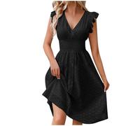 Zeiayuas Womens Dresses Ruffle Sleeveless V Neck Dress Summer Casual Vacation Beach Midi Dress Ladies Eyelet Knee Length Dress Beach A Line Tunic Sundress Lace Hollow Out Elegant Dress Black