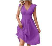 Zeiayuas Womens Dresses Ruffle Sleeveless V Neck Dress Summer Casual Vacation Beach Midi Dress Ladies Eyelet Knee Length Dress Beach A Line Tunic Sundress Lace Hollow Out Elegant Dress Purple