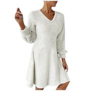 Zeiayuas Women's Fleece Jumper Dresses UK Clearance Ladies Long Sleeve V Neck Sweatshirt Dress Teddy Bear Pullover Dress Fall Winter Fluffy Fuzzy Dresses Loose Lounge Dreeses White