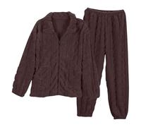 Zeiayuas Womens Fleece Pyjamas Set Fluffy Soft Twosie Pyjama Sets Winter Warm Pjs Sherpa Loungewear Faux Fur Cosy Nightwear Comfort Loose 2 Piece Outfit with Pockets Ladies Thick Plush Pajamas Brown