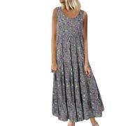 Zeiayuas Womens Floral Maxi Dress Boho Beach Holiday Cotton Linen Dress Summer Elegant Cami Long Dresses A-line Pleated Dresses Loose Fit Casual Party Dresses Going Out Dress Plus Size