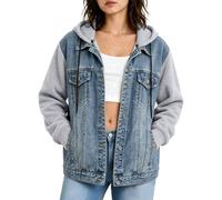 Zeiayuas Women's Hooded Denim Jacket - Oversized Patchwork Long Sleeve Casual Coat with Multi-Pockets Washed Blue Button-Down Trucker Jacket