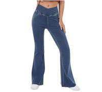 Zeiayuas Women's Jeans Flared Leg Demin Trousers Plus Size Casual Loose Retro Jean Mid Waisted Work Jogger Hole Flare Yoga Sports Gym Pants with Pockets Blue