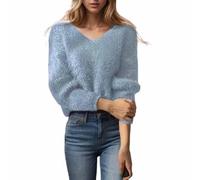 Zeiayuas Women's Jumpers Merino Wool Cashmere Semi V Neck Knitted Sweater Fluffy Fuzzy Teddy Jumpers Ladies Sweater Long Sleeve Solid Color Fashion Pullover Autumn and Winter Warm Loose Sweater UK