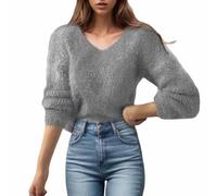 Zeiayuas Women's Jumpers Merino Wool Cashmere Semi V Neck Knitted Sweater Fluffy Fuzzy Teddy Jumpers Ladies Sweater Long Sleeve Solid Color Fashion Pullover Autumn and Winter Warm Loose Sweater UK