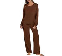 Zeiayuas Women's Knitted Pyjamas Set Ladies Ribbed 2 Piece Outfits Loungewear Sets Leisure Suits Homewear Crew Neck Long Sleeve Jumpers + Wide Leg High Waist Trousers Pants Fluffy Cosy Pyjamas