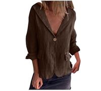 Zeiayuas Womens Linen Oversized Blazer Shirt Button Down Boyfriend Shirts V Neck Cotton Linen Long Sleeve Blouses with Pocket Casual Work Jacket for Women UK Ladies V Neck Tops