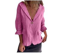 Zeiayuas Womens Linen Oversized Blazer Shirt Button Down Boyfriend Shirts V Neck Cotton Linen Long Sleeve Blouses with Pocket Casual Work Jacket for Women UK Ladies V Neck Tops
