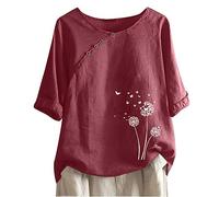Zeiayuas Women's Linen Shirts and Blouses Summer Ladies Dandelion T-Shirts UK Clearance Round Neck Short Sleeve Flower Print Graphic Tee Cotton Linen Tunic Tops Casual Loose Elegant Blouse