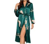 Zeiayuas Women's Long Satin Nightgown UK Clearance Kimono Dressing Gowns Satin Kimono Robe Peacock and Blossoms Silk Dressing Gown for Women UK Long Silk Bride and Bridesmaid Robes