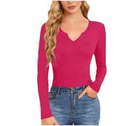 Zeiayuas Womens Long Sleeve V Neck Ribbed Knit Fitted Casual Tops Tee Slim Basic Shirts Casual Fashion Jumper Striped Knitted Top Tunic Blouses Ladies Undershirts Hot Pink