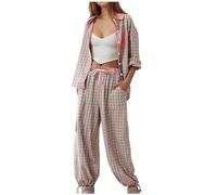 Zeiayuas Women's Loungewear Set 2 Piece Outfit Plaid Button Down Long Sleeve Shirt and Full-Length Bottom Pyjama Set Loose Comfy Soft Pjs Set Ladies Casual Oversized Sleepwear Cotton Nightwear Khaki