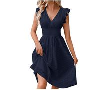 Zeiayuas Womens Navy Floral Ruffle Sleeveless V Neck Midi Dress Summer Casual Boho Eyelet Knee Length A Line Tunic Lace Hollow Out Elegant Dress UK Size XL