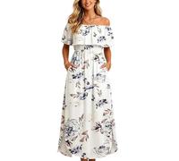 Zeiayuas Women's Off the Shoulder Maxi Dress Floral Print Ruffle A Line Flowy Beach Vacation Dresses Strapless Bandeau Summer Spring Casual Boho Long Sundress with Pockets
