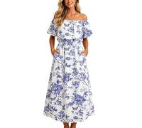 Zeiayuas Women's Off the Shoulder Maxi Dress Floral Print Ruffle A Line Flowy Beach Vacation Dresses Strapless Bandeau Summer Spring Casual Boho Long Sundress with Pockets