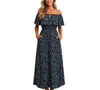 Zeiayuas Women's Off the Shoulder Maxi Dress Floral Print Ruffle A Line Flowy Beach Vacation Dresses Strapless Bandeau Summer Spring Casual Boho Long Sundress with Pockets